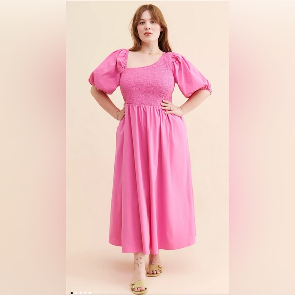 Eloquii Vibrant Barbie Pink Smocked Asymmetric Neck Maxi Dress - Picture 1 of 16